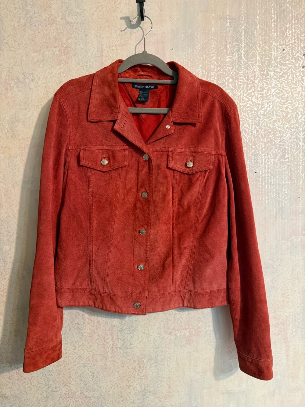 Boston Proper Red/ Orange 100% Leather Suede Button-Front Trucker Jean Jacket